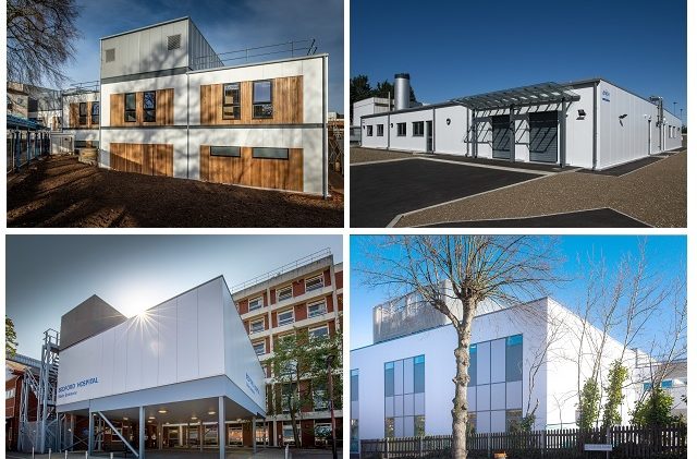 A grid view of four buildings, built with modular and mobile functions.
